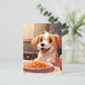 Hond eet spaghetti briefkaart (Staand voorkant)