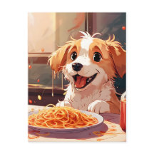Hond eet spaghetti
