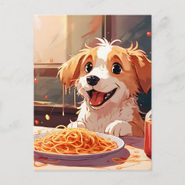 Hond eet spaghetti briefkaart