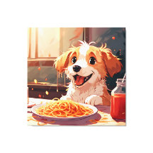 Hond eet spaghetti