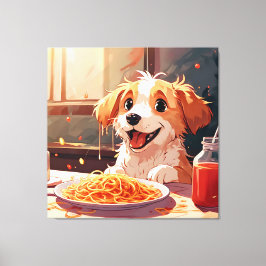 Hond eet spaghetti canvas afdruk