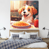 Hond eet spaghetti canvas afdruk (Insitu (Slaapkamer))