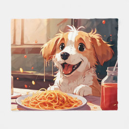 Hond eet spaghetti fleece deken