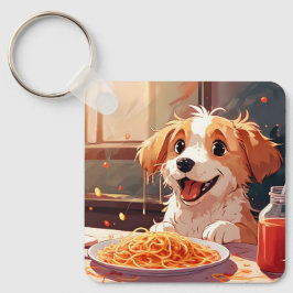 Hond eet spaghetti sleutelhanger