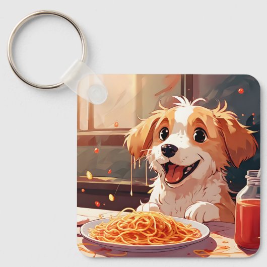 Hond eet spaghetti sleutelhanger (Voorkant)