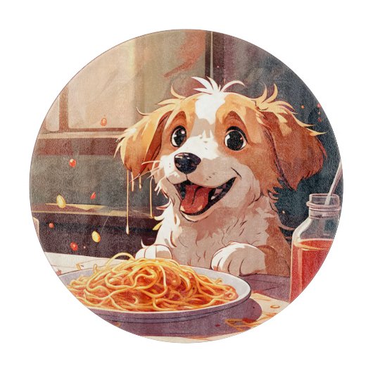 Hond eet spaghetti snijplank (Voorkant)