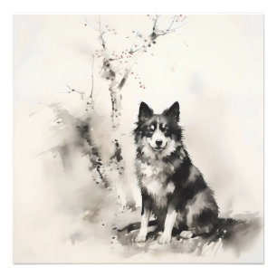 Hond en boom inkt schilderij foto afdruk