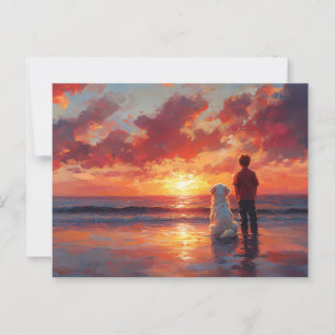 Hond en Jongen die Zonsondergang op het Strand Kij Briefkaart