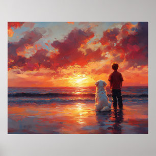 Hond en Jongen die Zonsondergang op het Strand Kij Poster