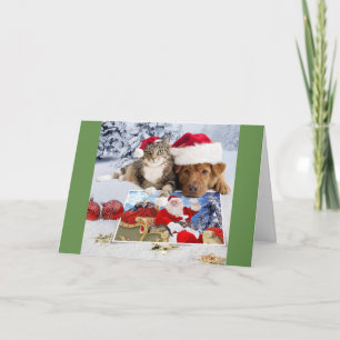 Hond en Kat Kerst Kaart met Santa en Fretten