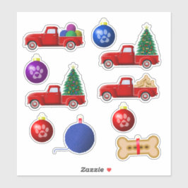 Hond en Kat Kleine Rode Truck Kerststickers Sticker