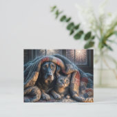 Hond en kat onder een quilt briefkaart (Staand voorkant)