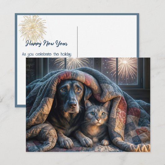 Hond en kat onder een quilt briefkaart (Voorkant / Achterkant)