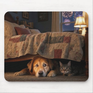 Hond en kat verstoppen zich onder een bed muismat