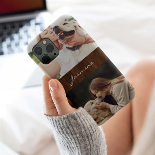 Hond foto collage rustiek hout, iPhone 15 pro case