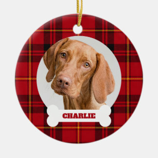 Hond Foto Rood Tartan Schotse Ruit Maatwerk Naam o Keramisch Ornament