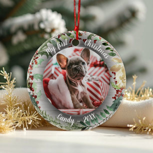 Hond Huisdier Eerste Kerstfoto Winter Krans Keramisch Ornament