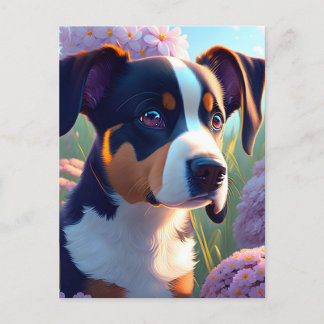 Hond in bloemen, postkruising briefkaart
