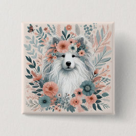 Hond in bloemen vierkante button 5,1 cm