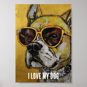 Hond in gele glazen Mixed Media Collage Poster