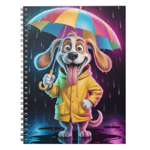 Hond in gele regenjas met regenboogparaplu notitieboek