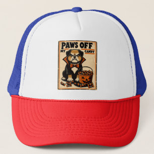 Hond in vampierkostuum bewaakt Halloween snoep Trucker Pet