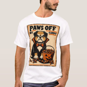 Hond in vampierkostuum bewaakt Halloween snoepgoed T-shirt