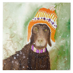 Hond in winterkeramische tegel (6 inch vierkant) tegeltje
