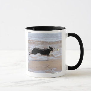 Hond jaagt een bal op het strand mok