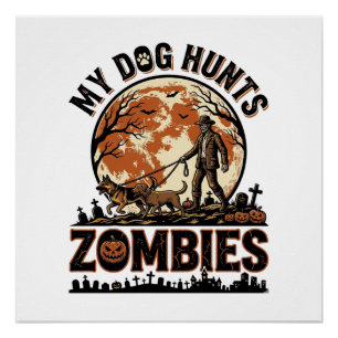 Hond Jaagt op Zombies Vintage Halloween Vectorontw Perfect Poster