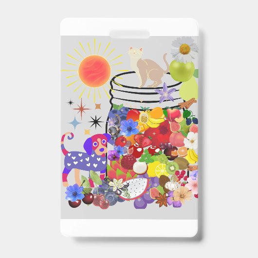 hond, kat, en fruit en bloemen badge (Voorzijde)