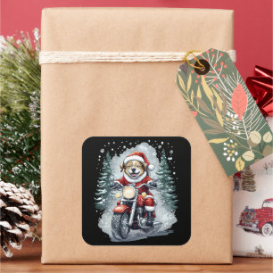Hond Kerstman Motorfiets Zwarte Achtergrond Vierkante Sticker