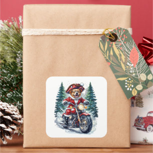 Hond Kerstman op Motorfiets Besneeuwd Bos Vierkante Sticker