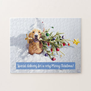 Hond met boom in sneeuw legpuzzel