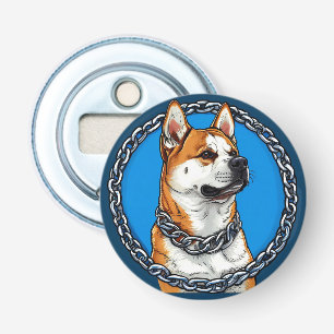 Hond met een ketting op een blauwe achtergrond button flesopener