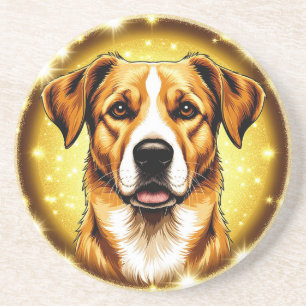 Hond met gouden achtergrond zandsteen onderzetter