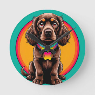 Hond met kleurrijke halsband binnen decoratieve ci ronde klok