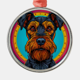 Hond met levendig circulair achtergrondontwerp metalen ornament