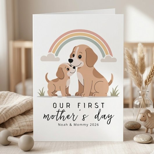 Hond Moeder Puppy Eerste Moederdag Pastel Regenboo Kaart