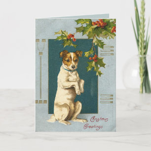 Hond onder een heilige tak - vintage kerstkaart feestdagen kaart