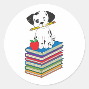 Hond op boeken ronde sticker
