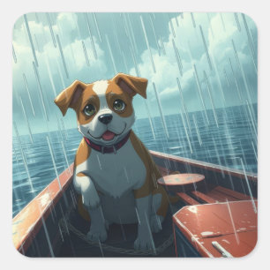 Hond op boot in oceaan tijdens regen vierkante sticker