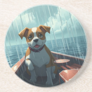 Hond op boot in oceaan tijdens regen zandsteen onderzetter