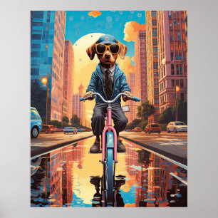 Hond op de fiets in de stad poster