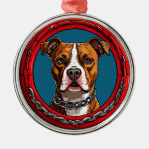 Hond op een blauwe achtergrond met kettingen metalen ornament