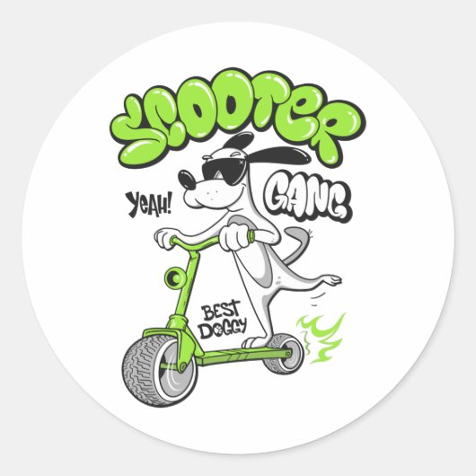 Hond op een scooter ronde sticker (Voorkant)