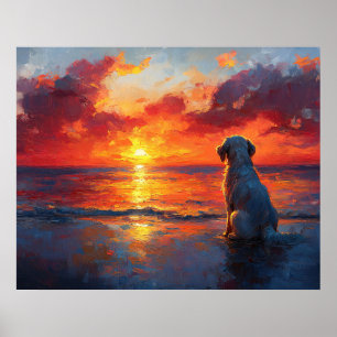 Hond op het strand die de zonsondergang bekijkt poster