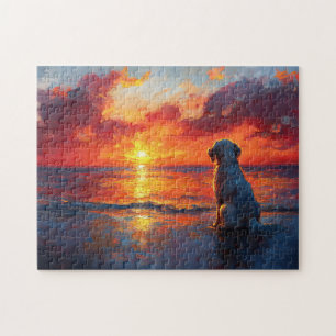 Hond op het strand kijken naar de zonsondergang legpuzzel