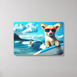 Hond op Surfboard Wearing Sunbril AI Art Canvas Afdruk
