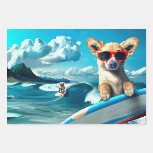 Hond op Surfboard Wearing Sunbril AI Art Inpakpapier Vel (Voorkant 2)